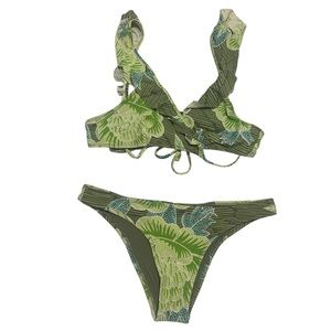 Aerie Green Floral Bikini Set top size is M and bikini bottom is size S